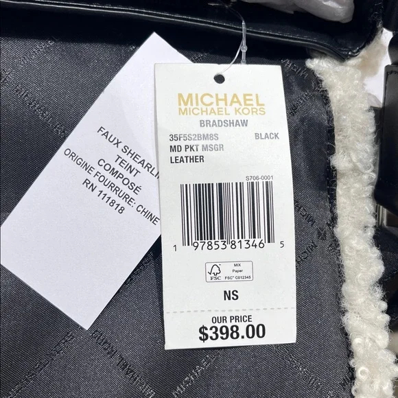 MICHAEL KORS Bradshaw Medium Suede and Faux Shearling Messenger BagBlack NWT
